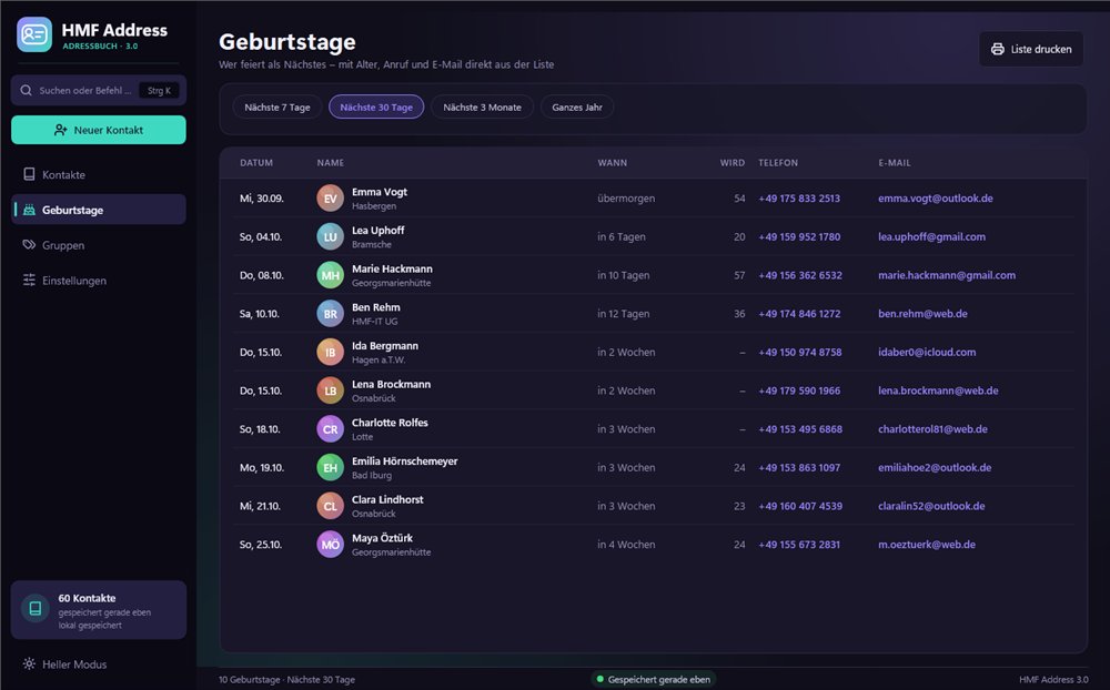 Geburtstagsliste mit Datum, Name, Alter, Telefon und E-Mail