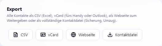 Export: CSV, vCard, Webseite, Kontaktdatei