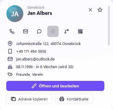 Seitenleiste mit Schnellaktionen und Angaben